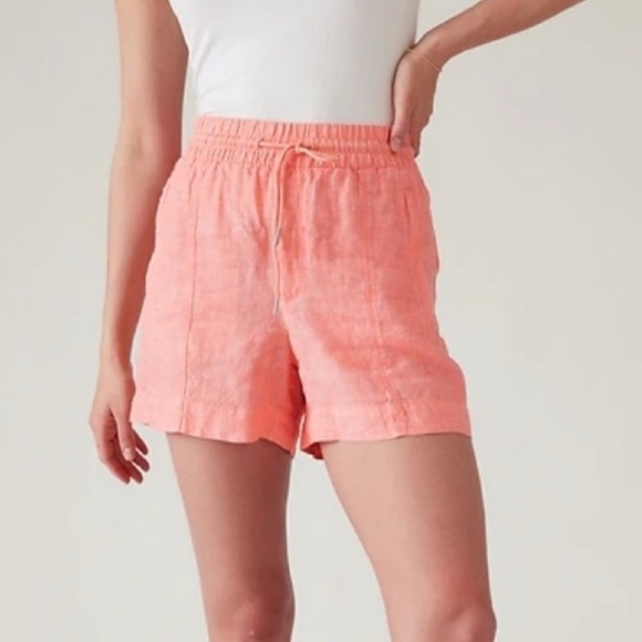 Athleta Retreat Linen Mid Rise Short Elastic Drawstring Salmon Pink Size 4 - Picture 1 of 12